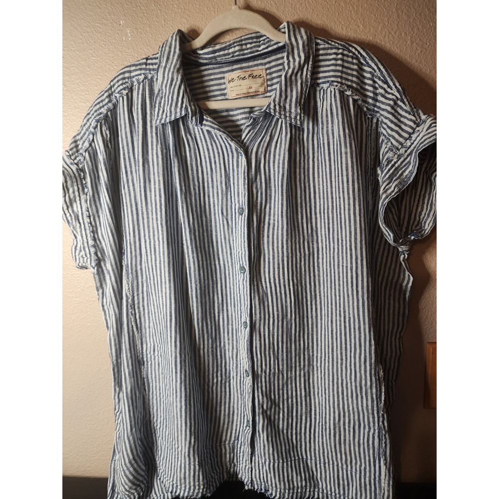 We The Free Free People Blue White Striped Linen Blend Button Down Shirt XL